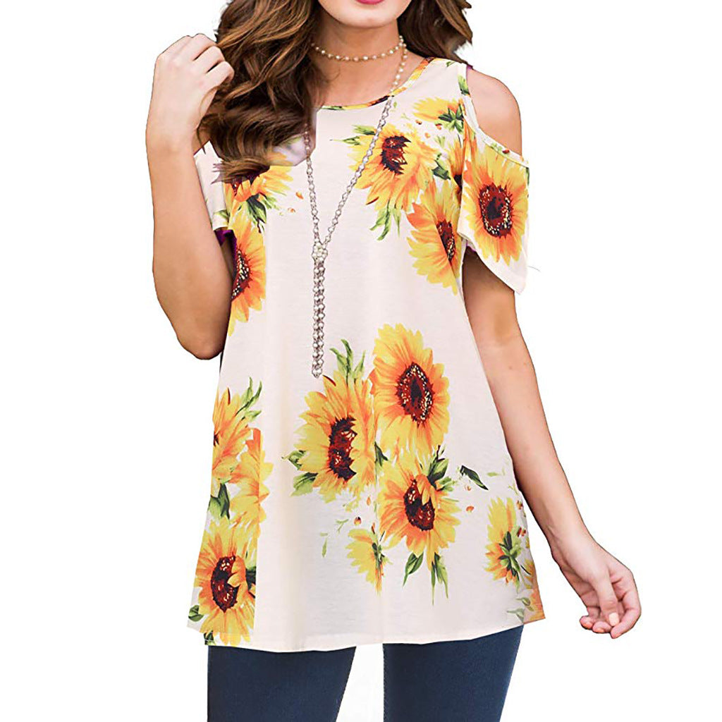 Summer Polyester Fiber Printed Off-the-shoulder Short Sleeve Pullover Women's Casual Shirt Top