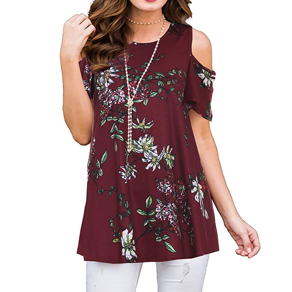 Summer Polyester Fiber Printed Off-the-shoulder Short Sleeve Pullover Women's Casual Shirt Top