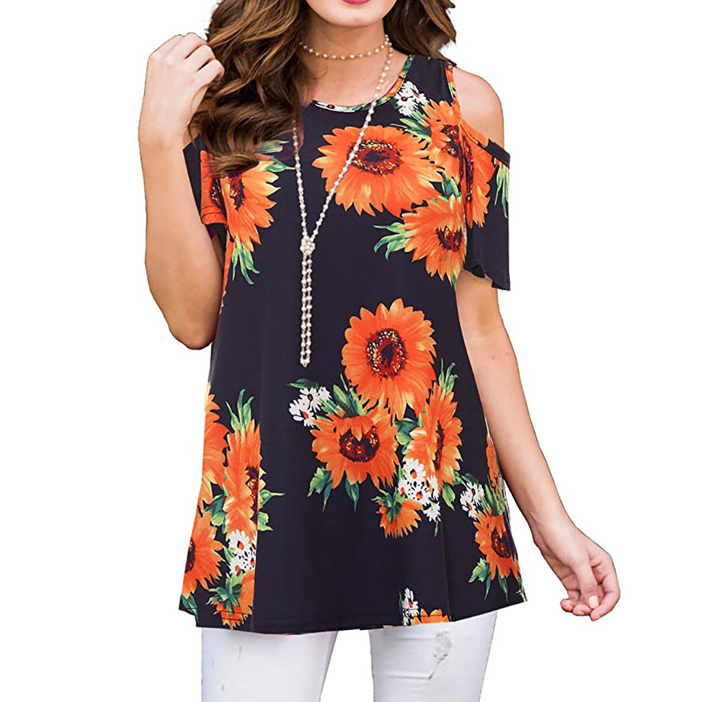 Summer Polyester Fiber Printed Off-the-shoulder Short Sleeve Pullover Women's Casual Shirt Top