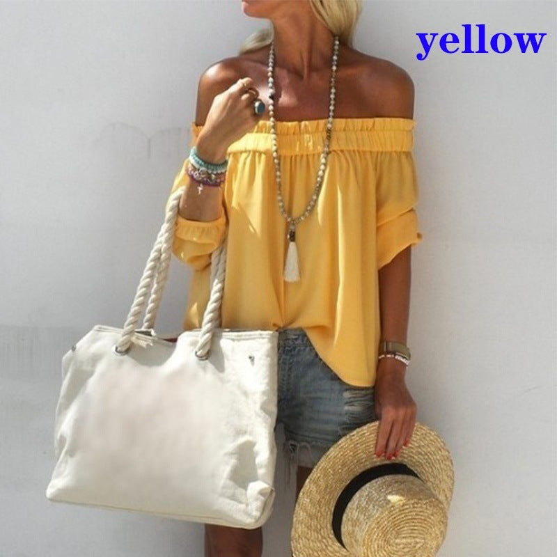 Summer Women's Off-shoulder Solid Color Top 3/4 Sleeve Chiffon T-shirt