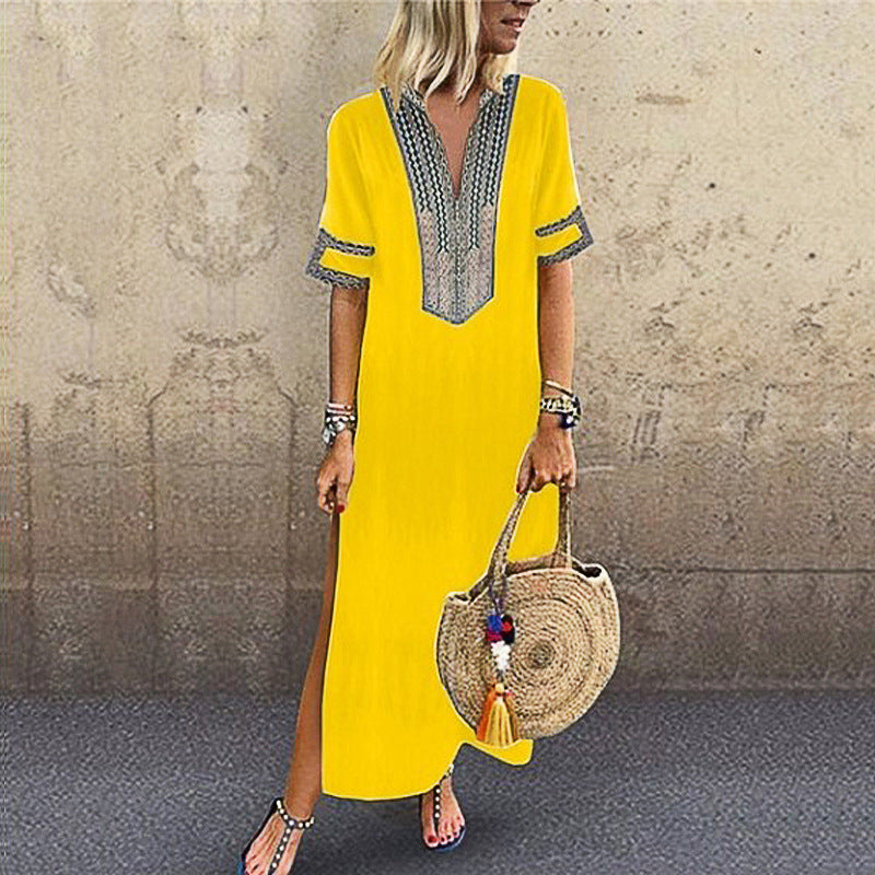 Large Size Printing Women's Summer Long Slim Fit Slimming Flower Sleeve Dress