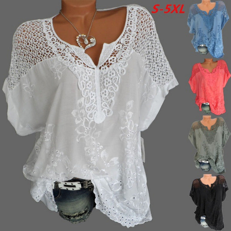 Polyester Fiber Fashion Women's Wear Lace V-neck Embroidery Short Sleeve Batwing Shirt
