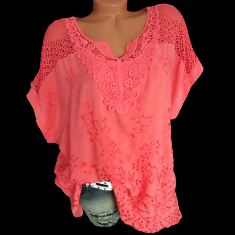 Polyester Fiber Fashion Women's Wear Lace V-neck Embroidery Short Sleeve Batwing Shirt