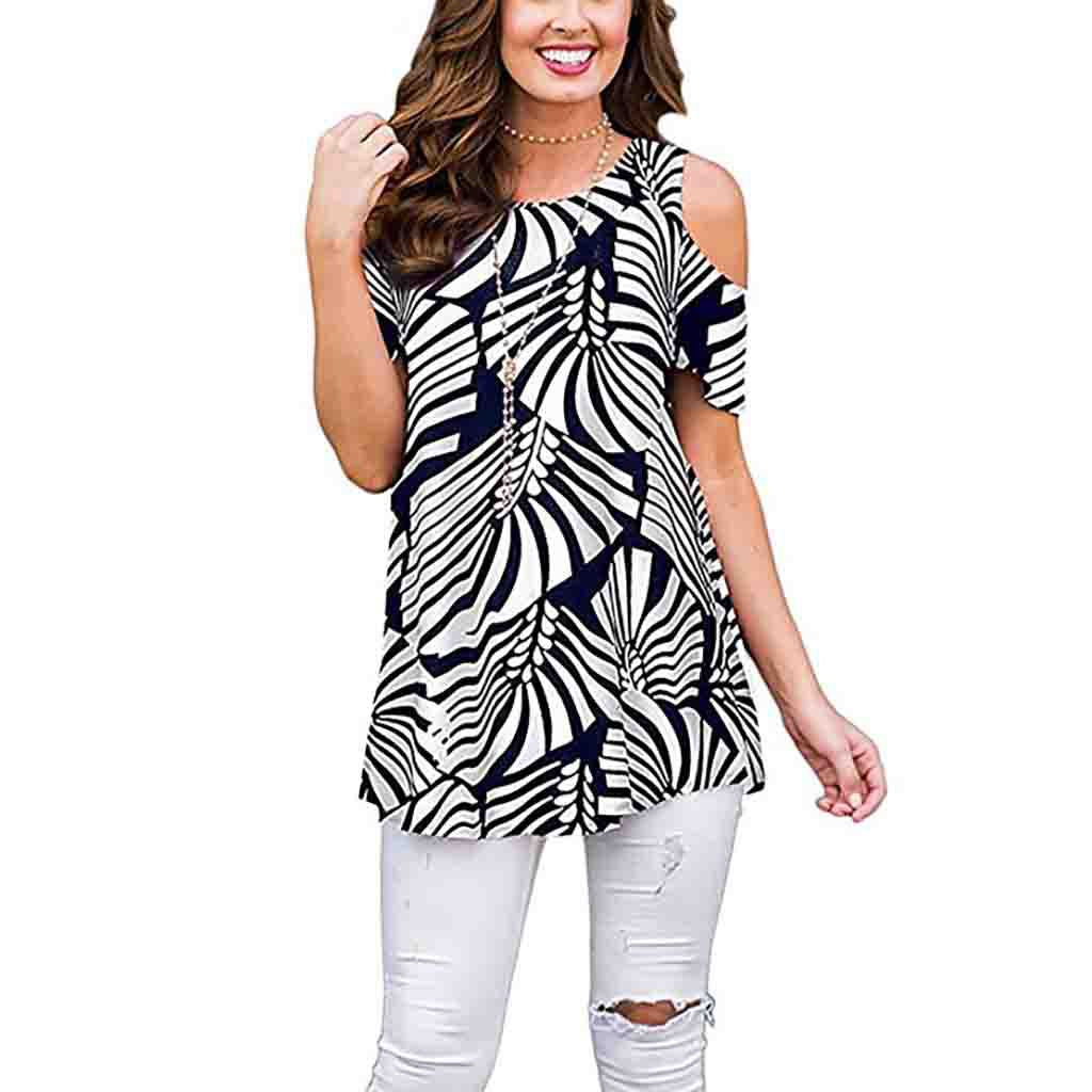 Summer Polyester Fiber Printed Off-the-shoulder Short Sleeve Pullover Women's Casual Shirt Top