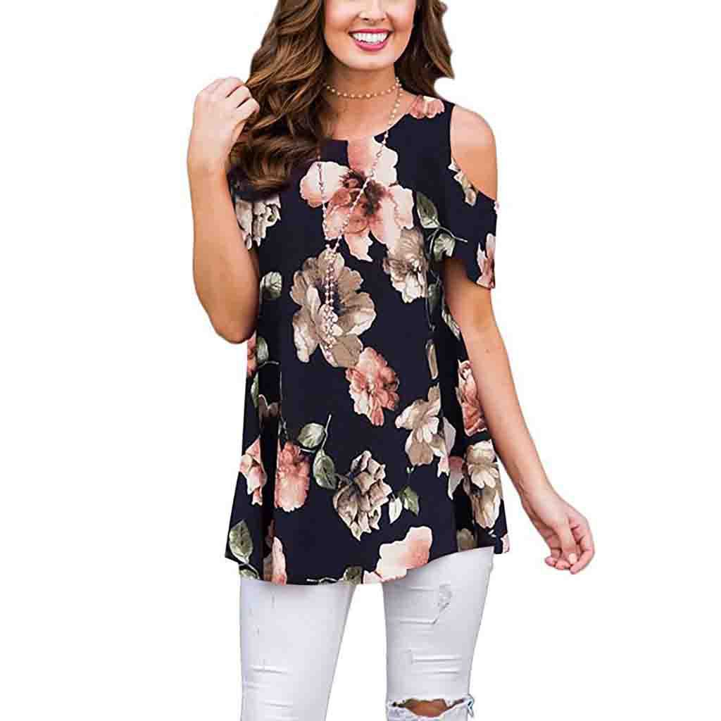 Summer Polyester Fiber Printed Off-the-shoulder Short Sleeve Pullover Women's Casual Shirt Top