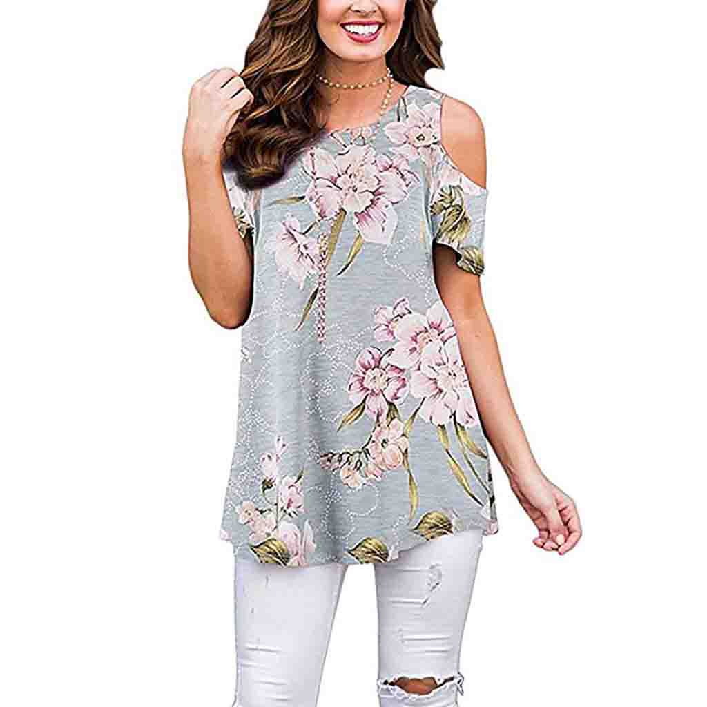 Summer Polyester Fiber Printed Off-the-shoulder Short Sleeve Pullover Women's Casual Shirt Top