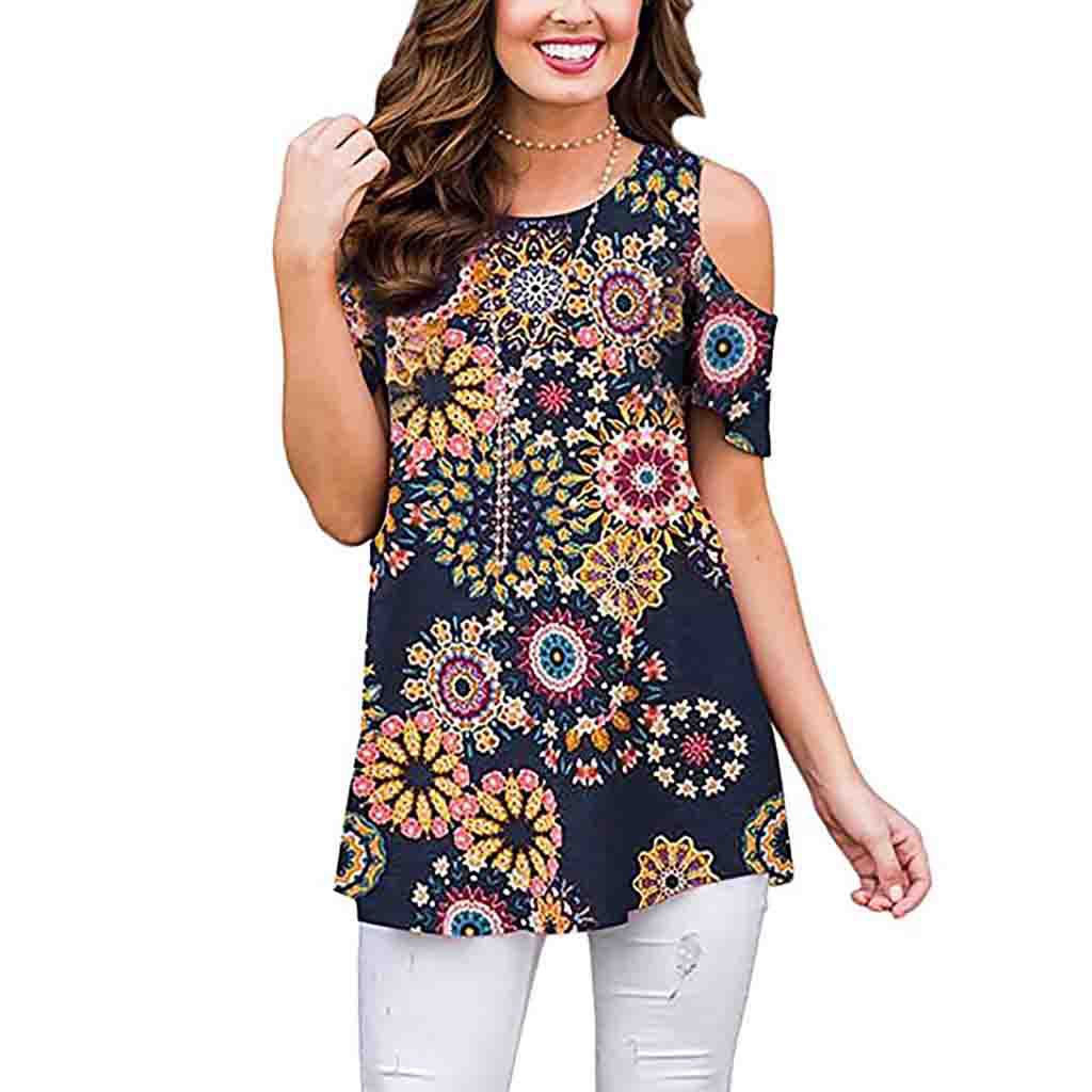 Summer Polyester Fiber Printed Off-the-shoulder Short Sleeve Pullover Women's Casual Shirt Top