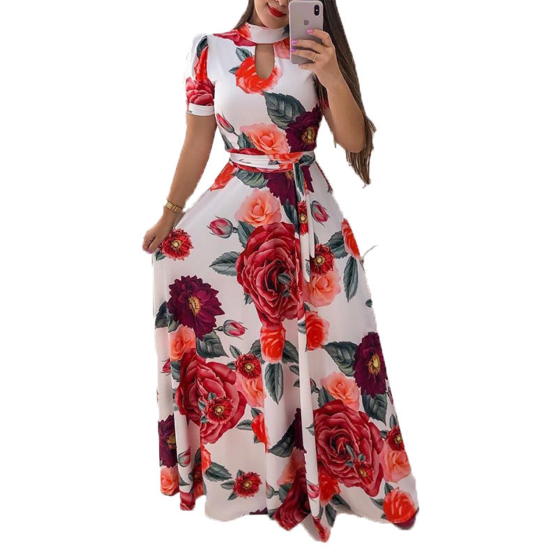 Sexy Fashion Digital Short Sleeve Printing Large Swing Dress
