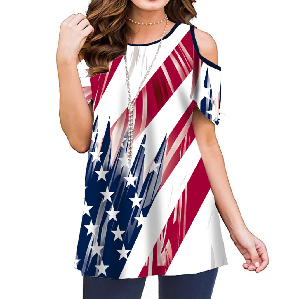 Summer Polyester Fiber Printed Off-the-shoulder Short Sleeve Pullover Women's Casual Shirt Top