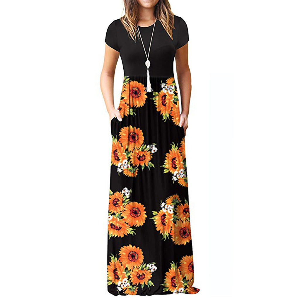 Short-sleeved Printed Other Long Skirt Color Dress