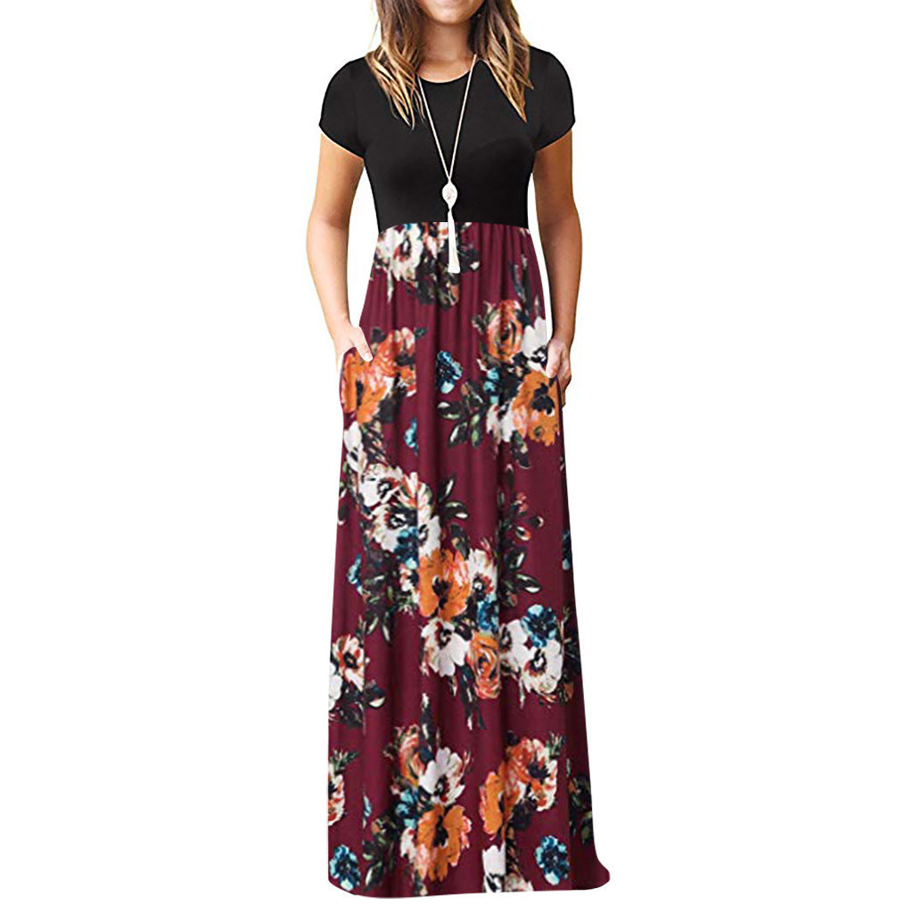 Short-sleeved Printed Other Long Skirt Color Dress