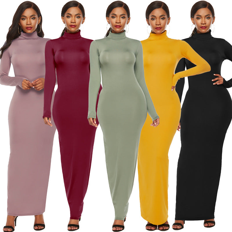 Women's Polyester Spandex Fashion Solid Color Long Sleeve Stretch Slim Turtleneck Dress