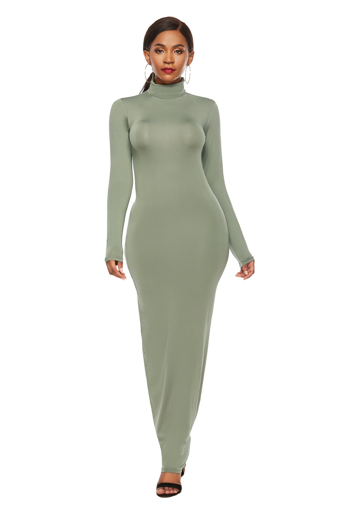 Women's Polyester Spandex Fashion Solid Color Long Sleeve Stretch Slim Turtleneck Dress