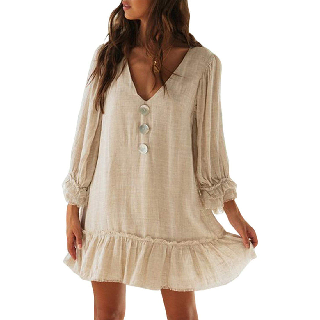 Women's Swing Loose Long Sleeve Ruffled Hem Cotton Linen Dress