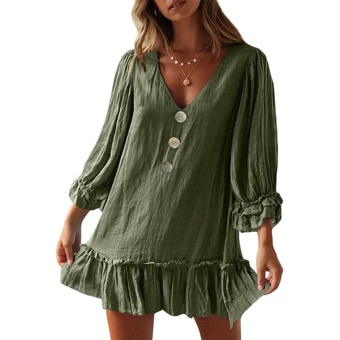 Women's Swing Loose Long Sleeve Ruffled Hem Cotton Linen Dress