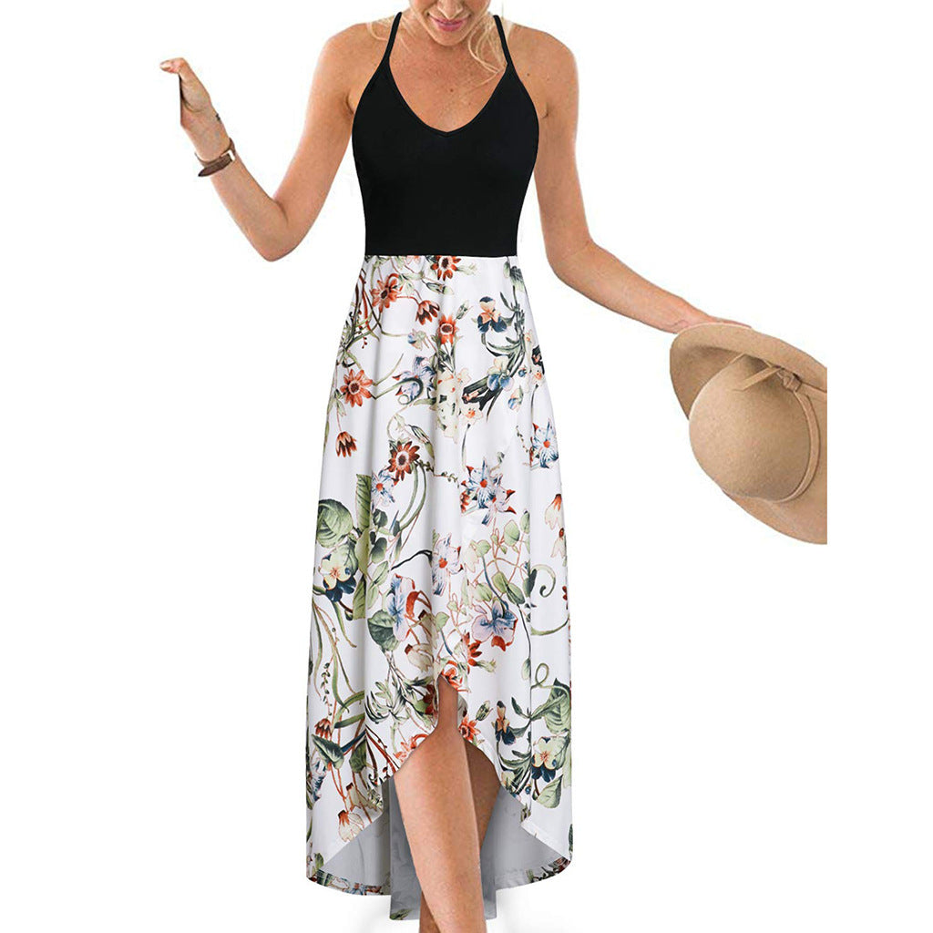 Women's Summer Long Skirt V-neck Sleeveless Strap Backless Color Printed Dress