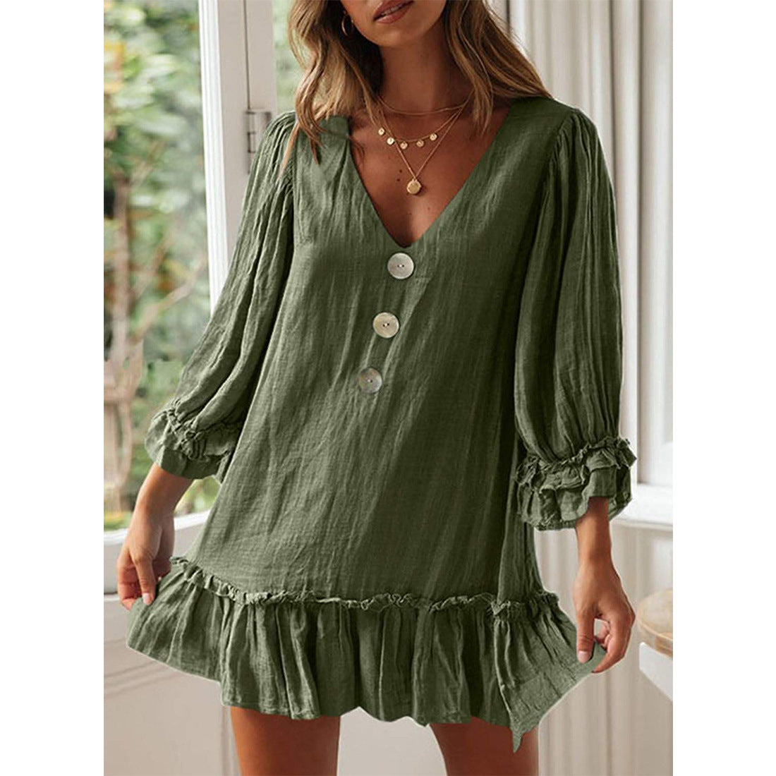 Women's Swing Loose Long Sleeve Ruffled Hem Cotton Linen Dress