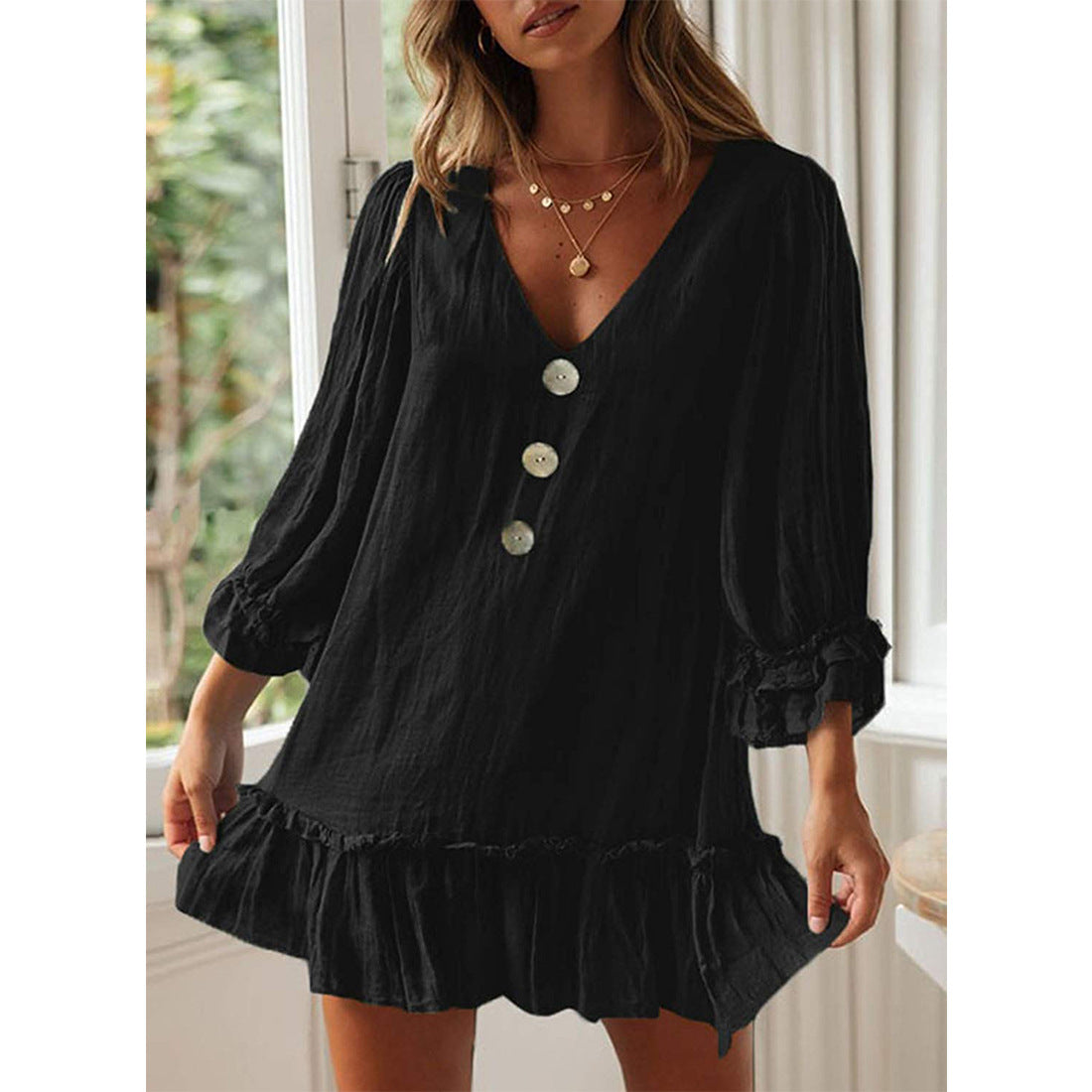 Women's Swing Loose Long Sleeve Ruffled Hem Cotton Linen Dress