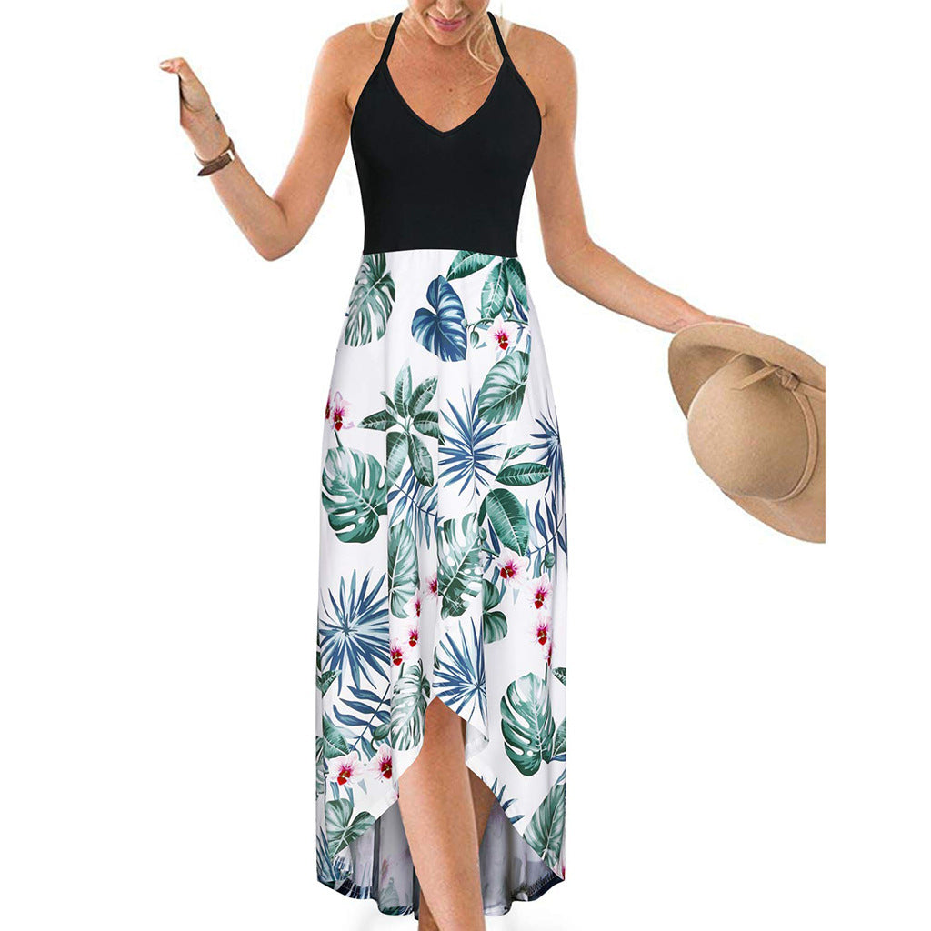 Women's Summer Long Skirt V-neck Sleeveless Strap Backless Color Printed Dress