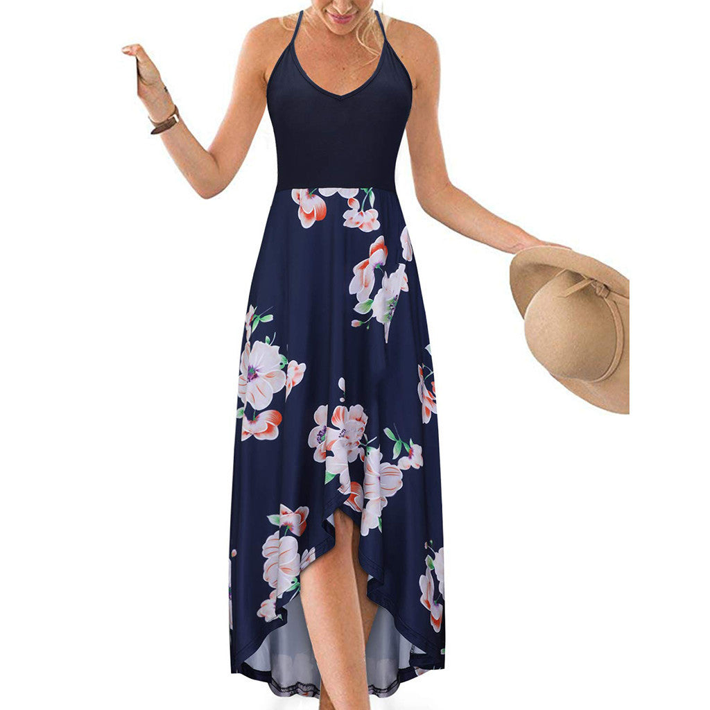 Women's Summer Long Skirt V-neck Sleeveless Strap Backless Color Printed Dress