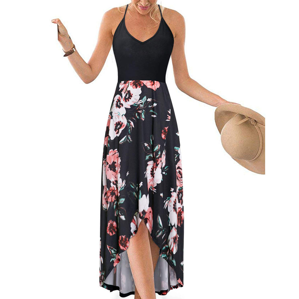 Women's Summer Long Skirt V-neck Sleeveless Strap Backless Color Printed Dress