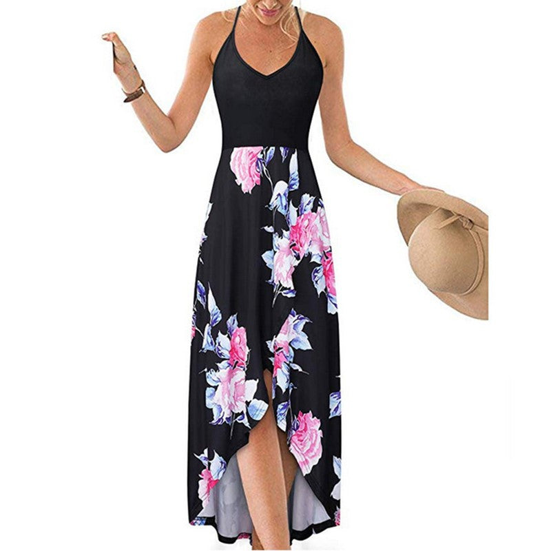 Women's Summer Long Skirt V-neck Sleeveless Strap Backless Color Printed Dress