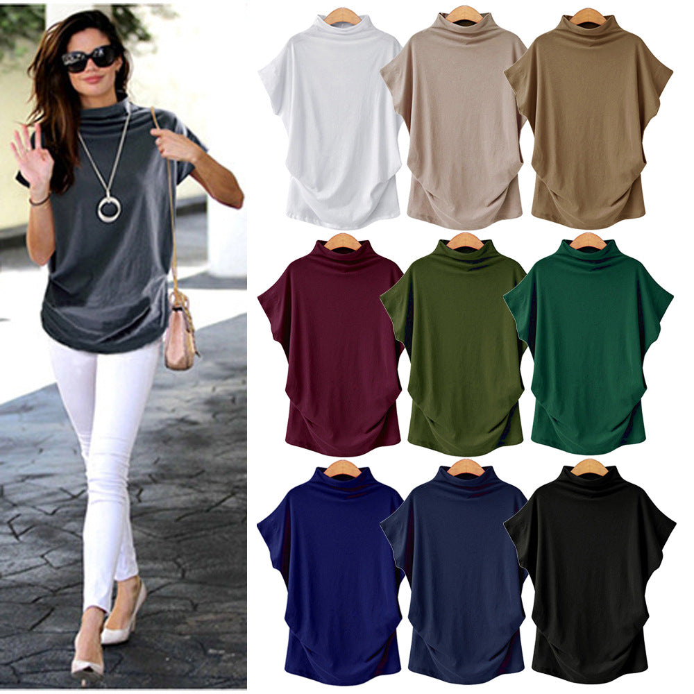 Temperament Commute Large Size Women's Half Turtleneck Batwing Sleeve Solid Color Polyester Top