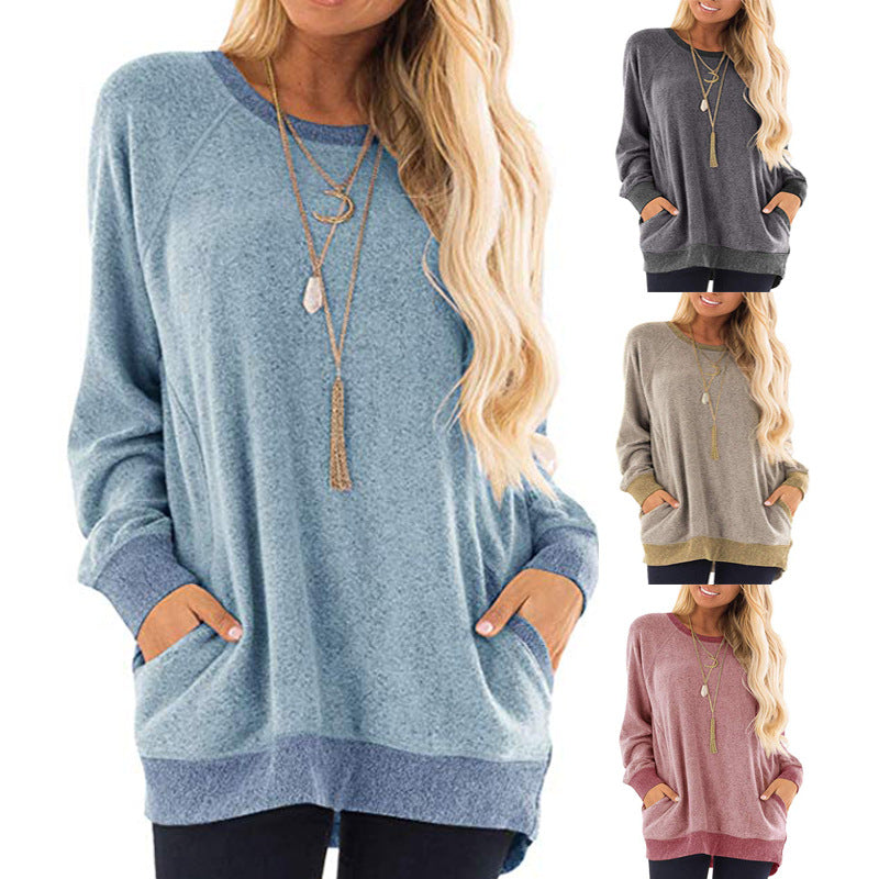 Women's Round Neck Color Pocket Temperament Commute Long Sleeve Pullover Sweater Casual Sweatshirt