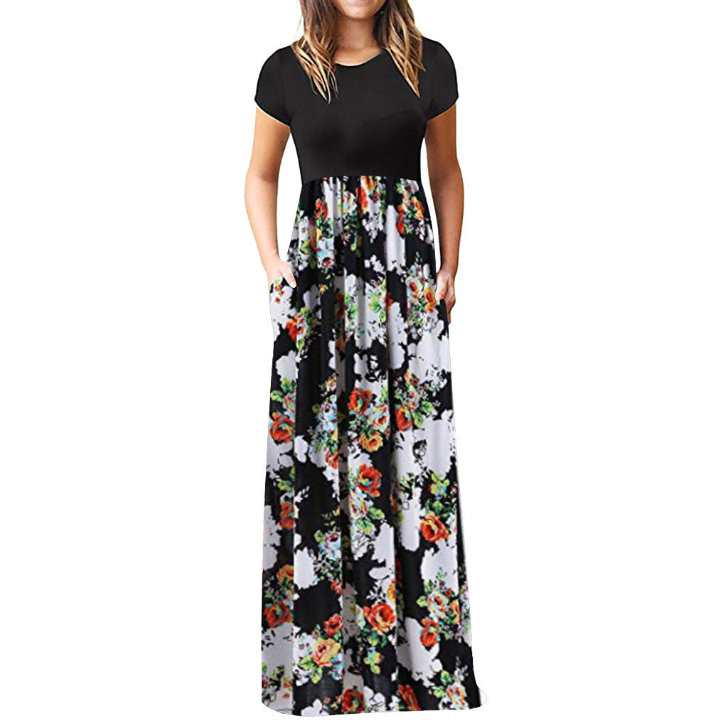 Short-sleeved Printed Other Long Skirt Color Dress