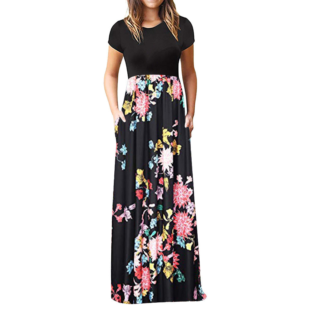 Short-sleeved Printed Other Long Skirt Color Dress