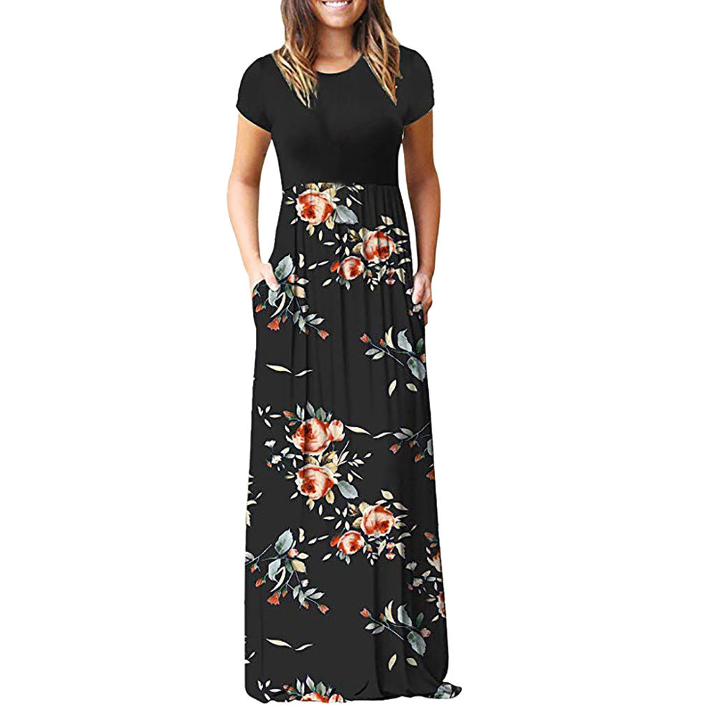 Short-sleeved Printed Other Long Skirt Color Dress