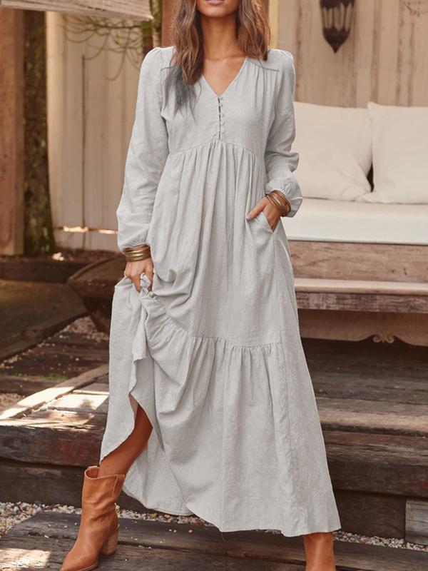 Women's Button Cotton Linen Urban Leisure Retro Casual Long-sleeved Large Swing Dress