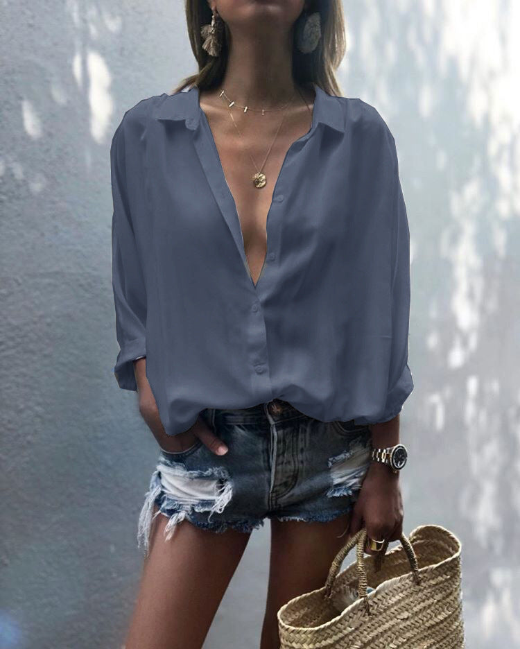 Women's Solid Color Deep V-neck Buttons Chiffon Shirt