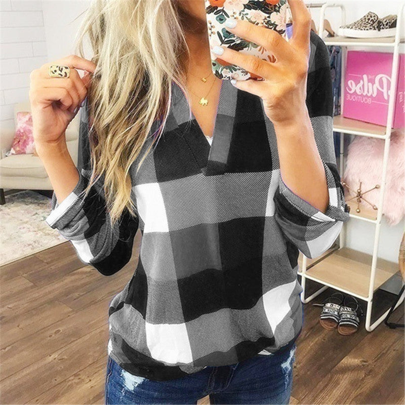 Leisure Women Shirt Plaid Printed V-neck Long Sleeve Top T-shirt