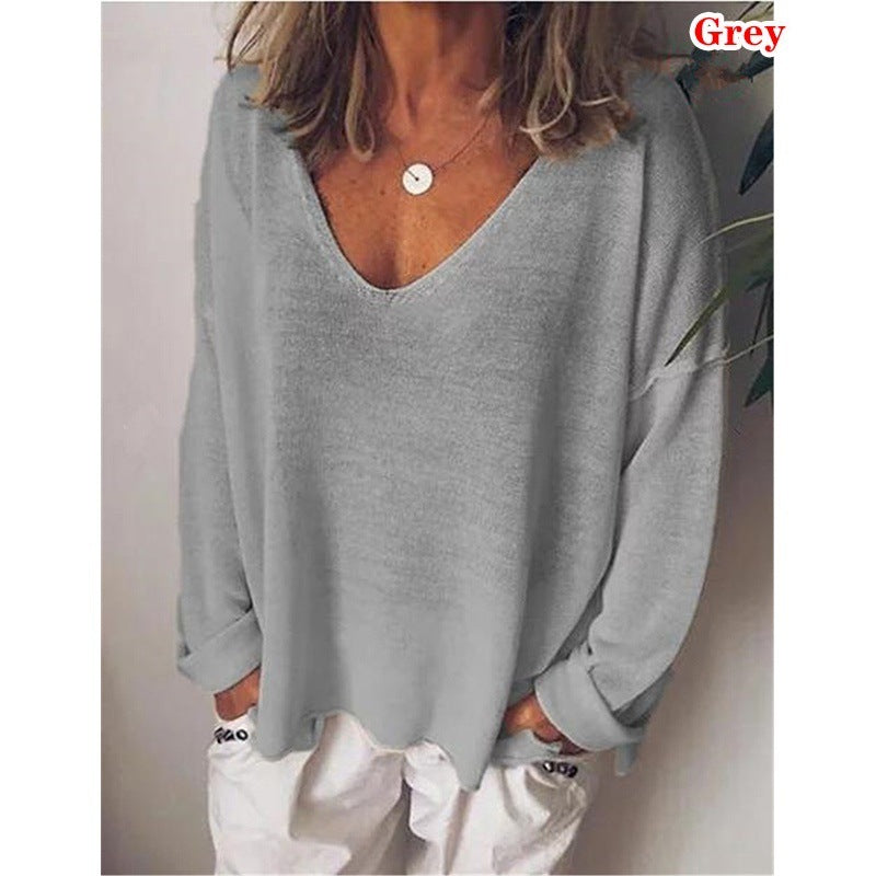 Casual V-neck Pullover Cotton Solid Color Long Sleeve Women's T-shirt