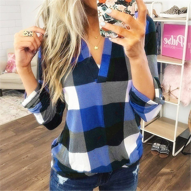 Leisure Women Shirt Plaid Printed V-neck Long Sleeve Top T-shirt