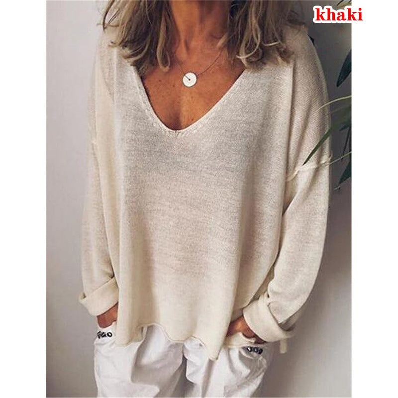 Casual V-neck Pullover Cotton Solid Color Long Sleeve Women's T-shirt