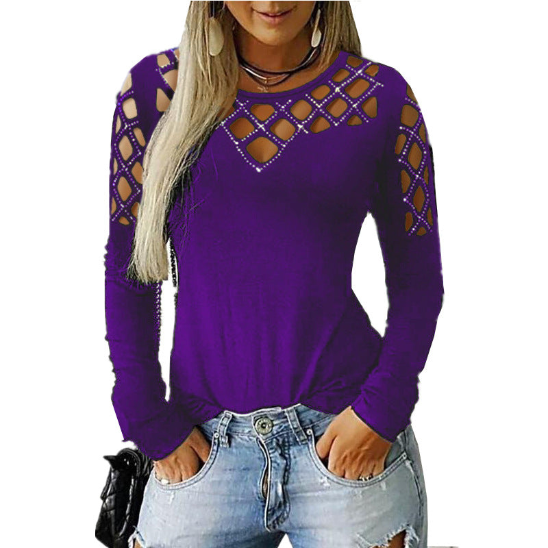 Cotton Blend Women's Hollow-out Rhinestone Long-sleeved T-shirt Top