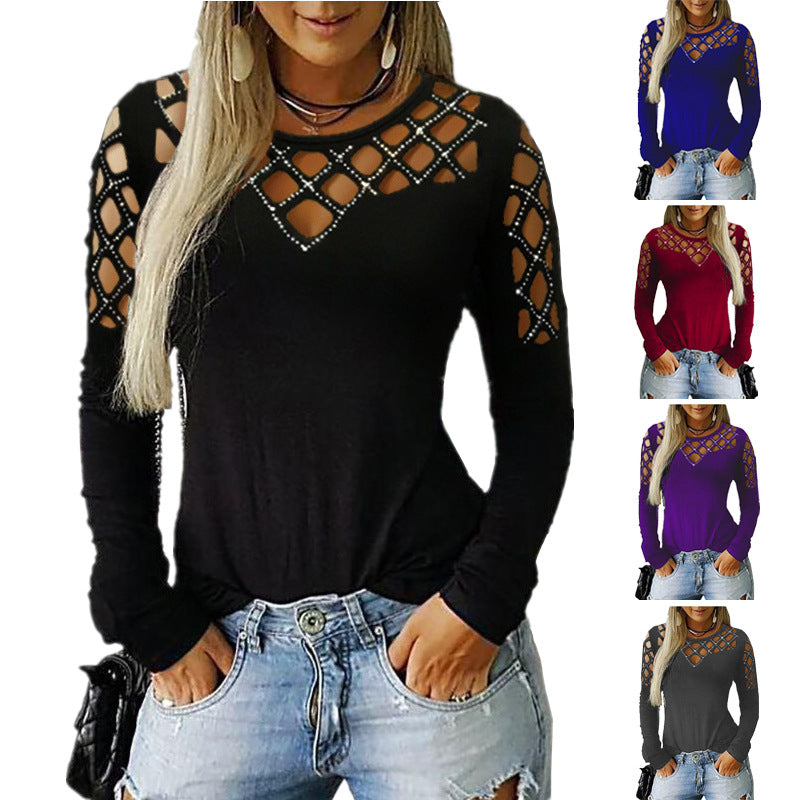 Cotton Blend Women's Hollow-out Rhinestone Long-sleeved T-shirt Top