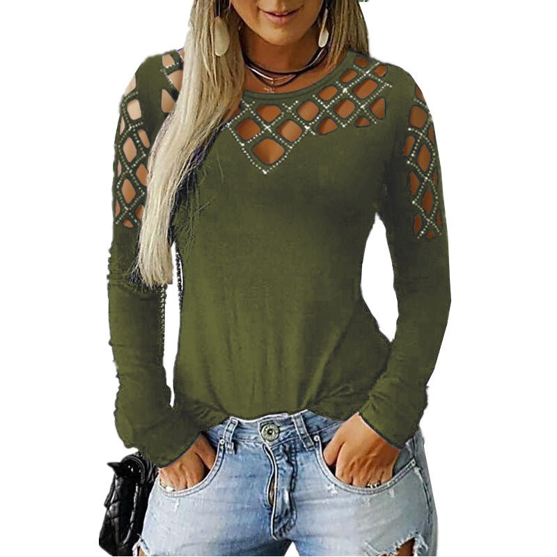 Cotton Blend Women's Hollow-out Rhinestone Long-sleeved T-shirt Top