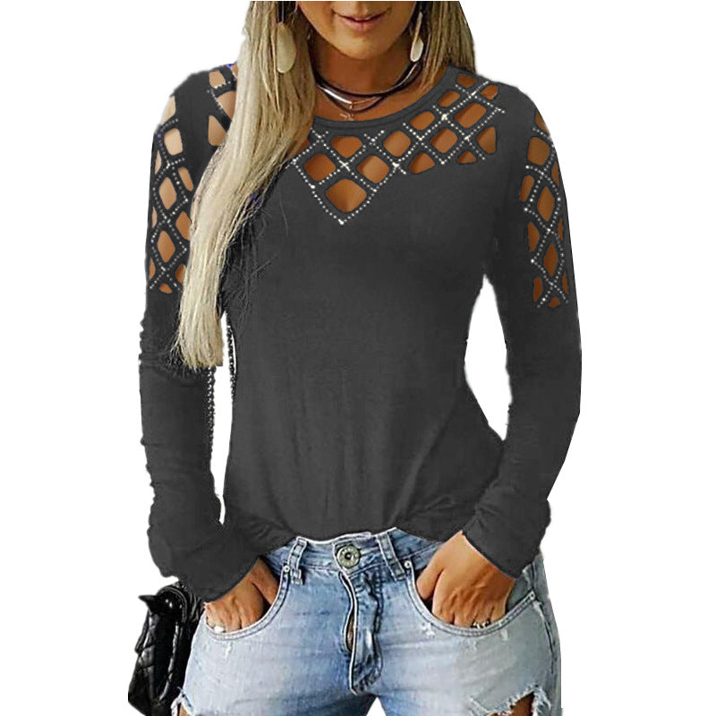 Cotton Blend Women's Hollow-out Rhinestone Long-sleeved T-shirt Top