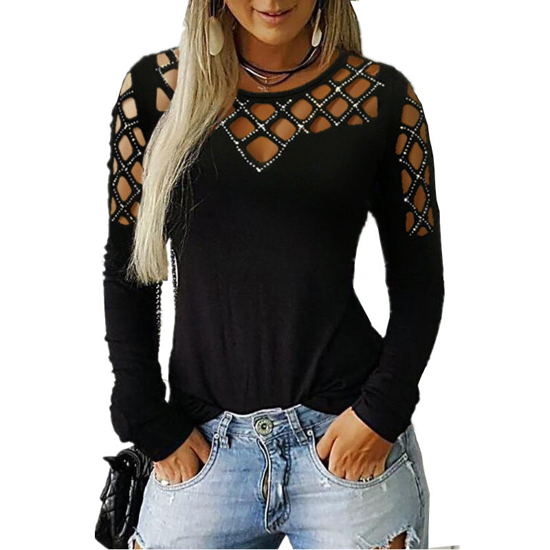 Cotton Blend Women's Hollow-out Rhinestone Long-sleeved T-shirt Top