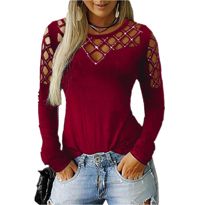 Cotton Blend Women's Hollow-out Rhinestone Long-sleeved T-shirt Top