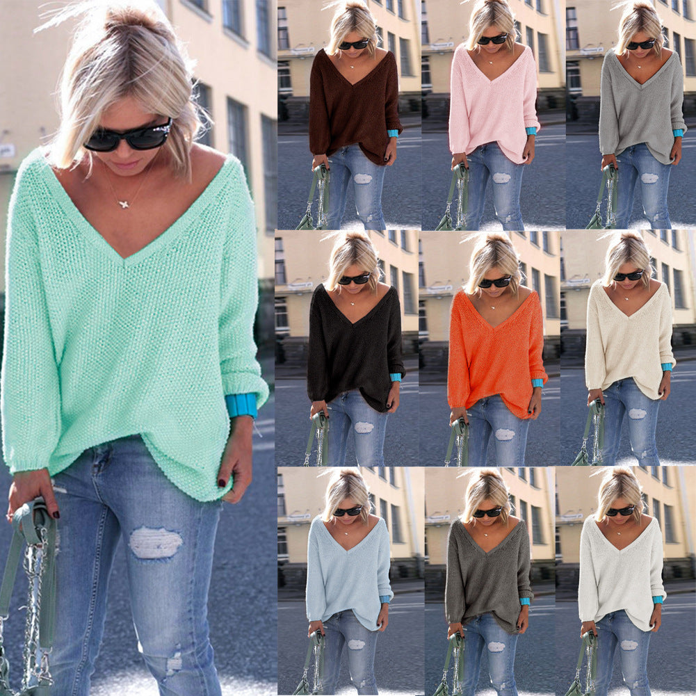 Fashion Street Hipster Long Sleeve V-neck Loose Color Sweater