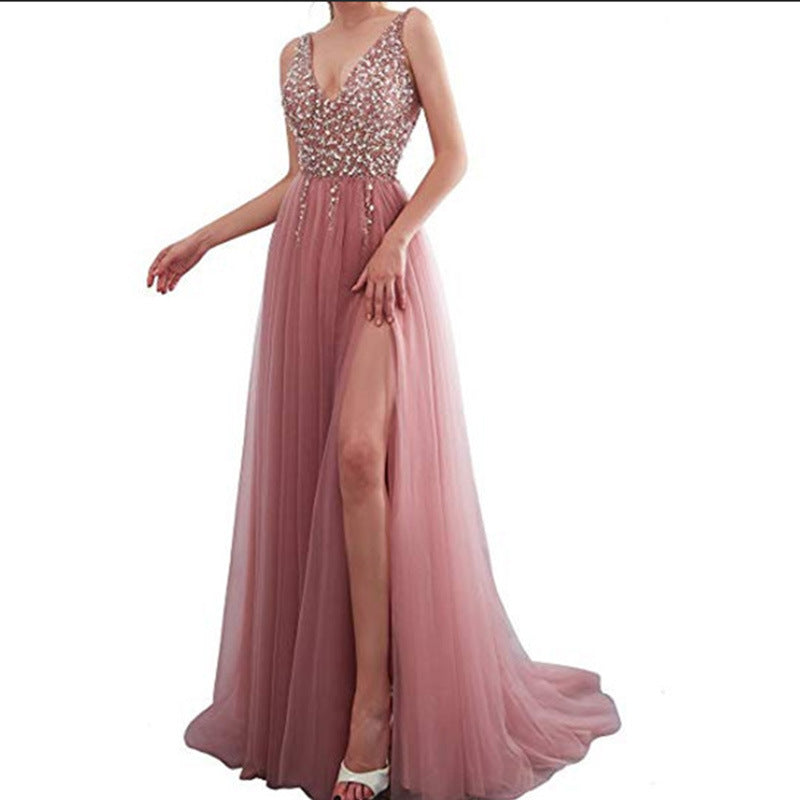 Sleeveless Women's Solid Color Embroidered Sequin Sexy V-neck Long Dress Gown