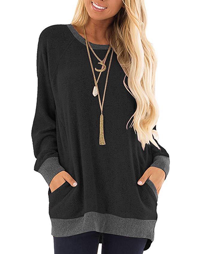 Women's Round Neck Color Pocket Temperament Commute Long Sleeve Pullover Sweater Casual Sweatshirt