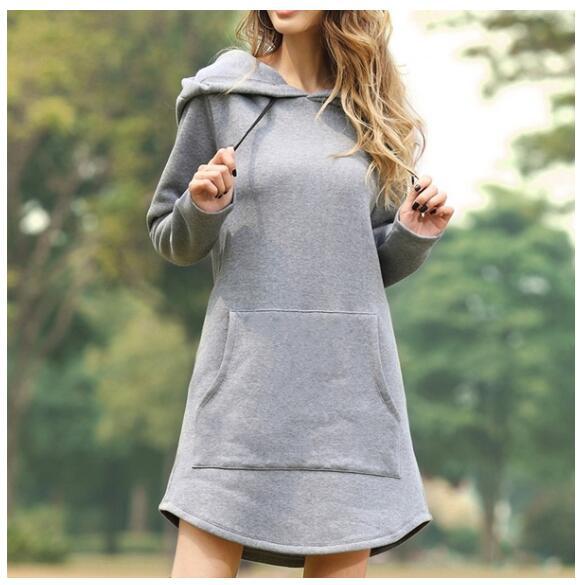 Plus Size Pullover Women's Loose Solid Color Pocket Long Sleeve Hoodie Dress