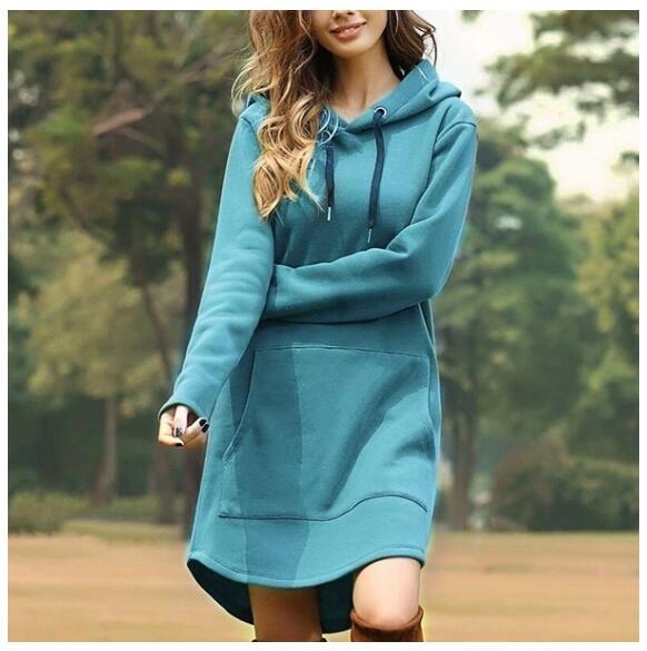 Plus Size Pullover Women's Loose Solid Color Pocket Long Sleeve Hoodie Dress