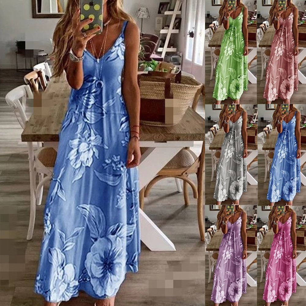 Women's Summer Digital Sling Style Printing V-neck Sleeveless Dress
