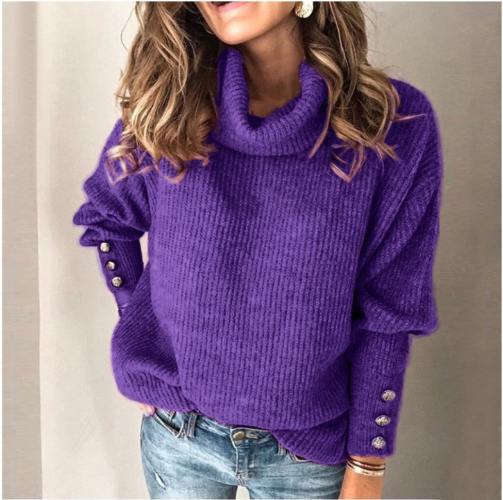 Color Cotton Blend Women's Sweater Turtleneck Cuff Button Top